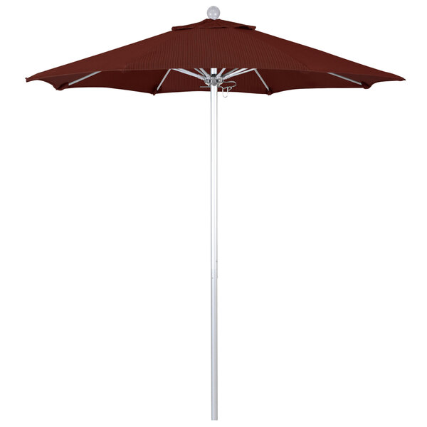 A close-up of a red California Umbrella with a maroon canopy.