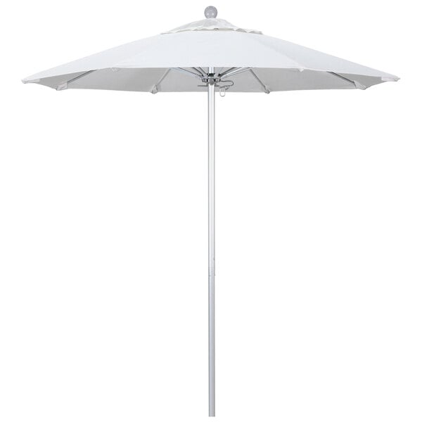 A white California Umbrella with a silver pole.