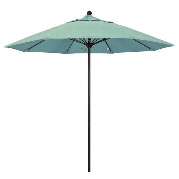 A California Umbrella with a blue Sunbrella canopy and bronze aluminum pole.