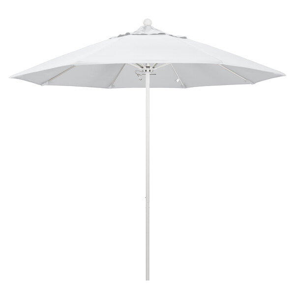A close up of a California Umbrella ALTO round outdoor umbrella with a white pole and Pacifica canopy.
