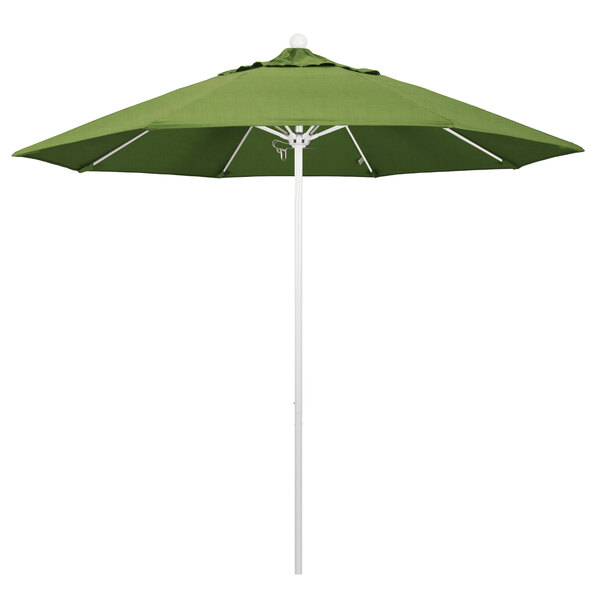 A close-up of a green California Umbrella with a white pole.