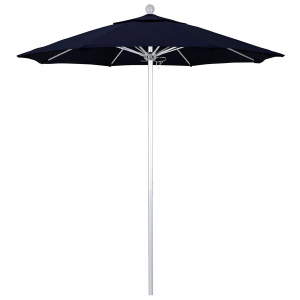 A black California Umbrella with a silver pole over a white background.