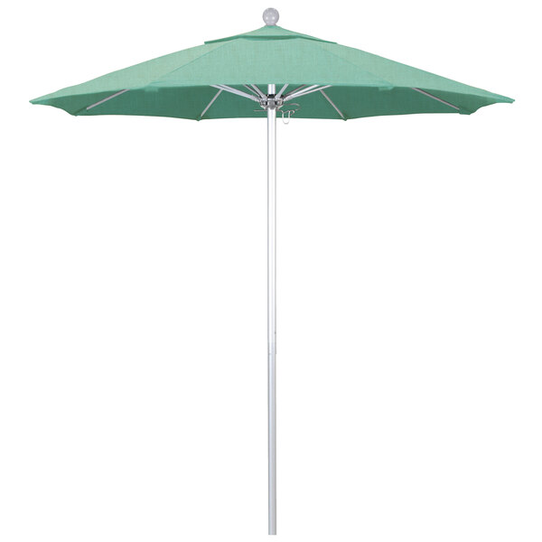 A green California Umbrella with silver aluminum pole and Sunbrella Spectrum Mist canopy.