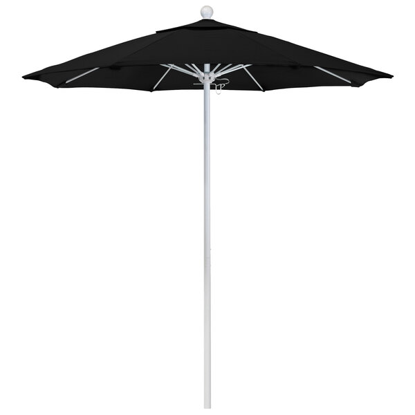 A black umbrella with a white pole.