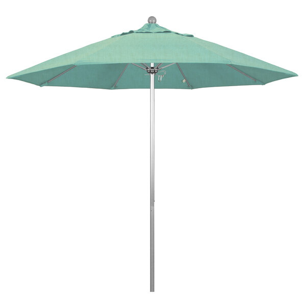 A close-up of a green California Umbrella with a teal canopy on a silver pole.