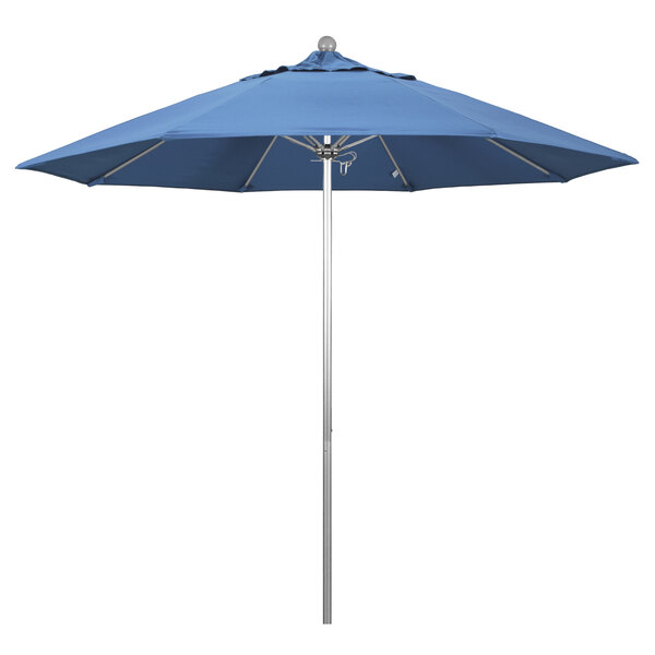 A blue California Umbrella with a silver pole.