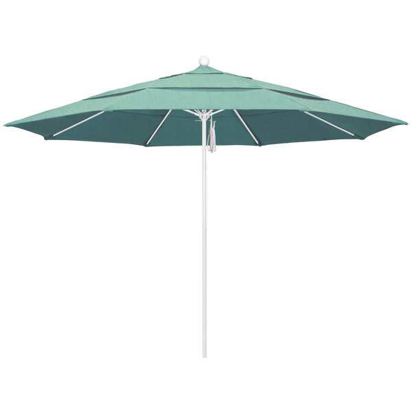 A close-up of a green California Umbrella with a white background.