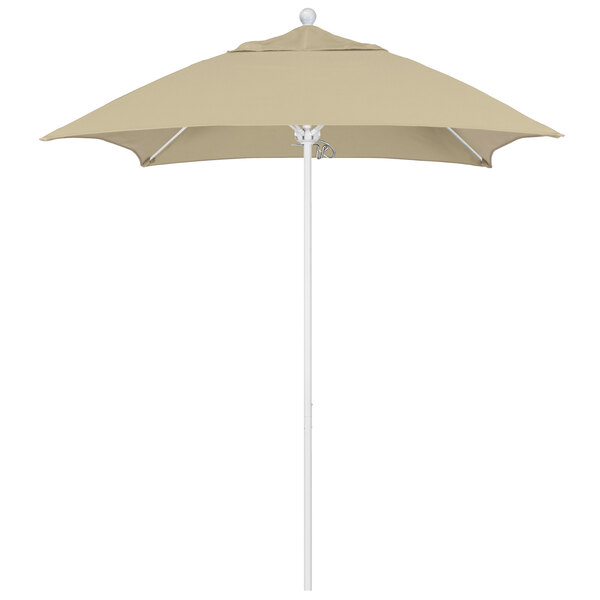 A tan California Umbrella with a matte white pole and black border.