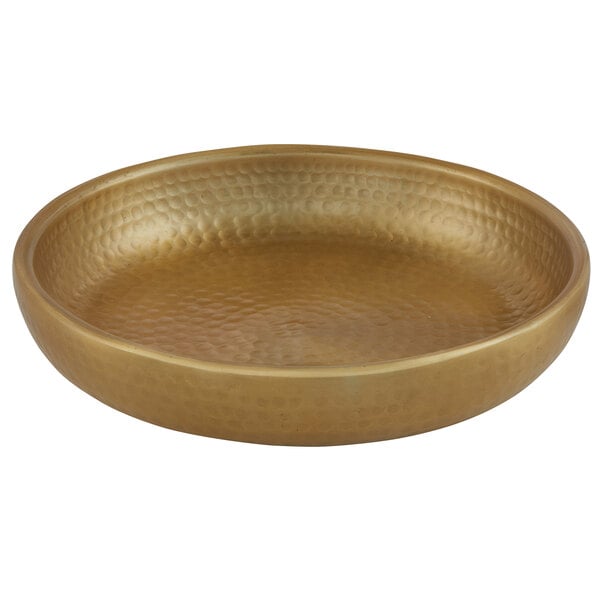 An American Metalcraft gold round double wall hammered aluminum tray with a circular rim.