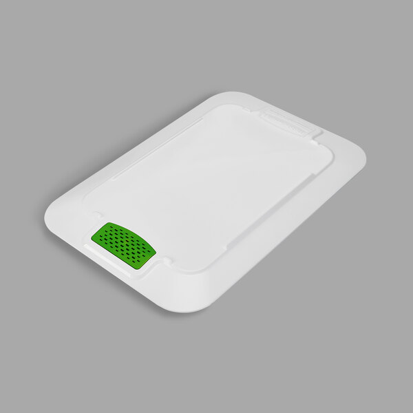 A white rectangular Rubbermaid lid with a green vent.