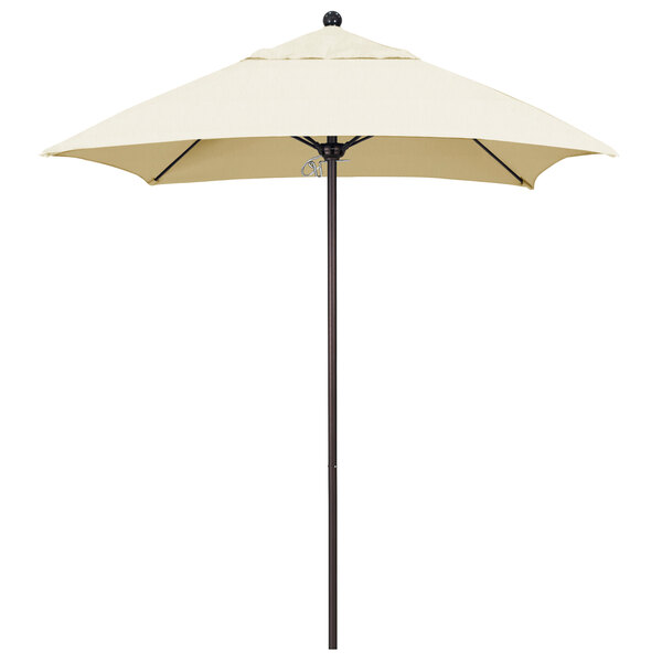 A California Umbrella ALTO square table umbrella with a white Sunbrella canopy on a bronze aluminum pole.