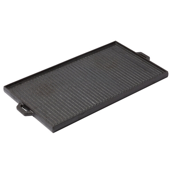 An American Metalcraft black rectangular cast iron grill pan with handles and lines on it.