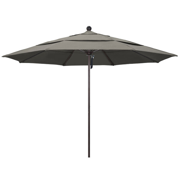 A California Umbrella ALTO 11' round umbrella with a taupe canopy on a bronze pole.