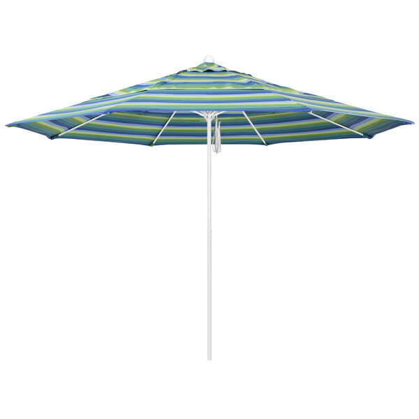 A California Umbrella with blue and green stripes on the canopy.