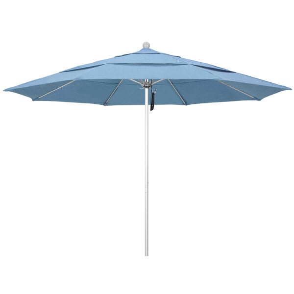 A close-up of a blue California Umbrella with a silver pole.