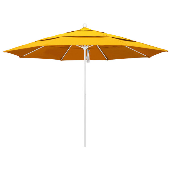 A California Umbrella with Sunflower Yellow Sunbrella canopy on a white pole.