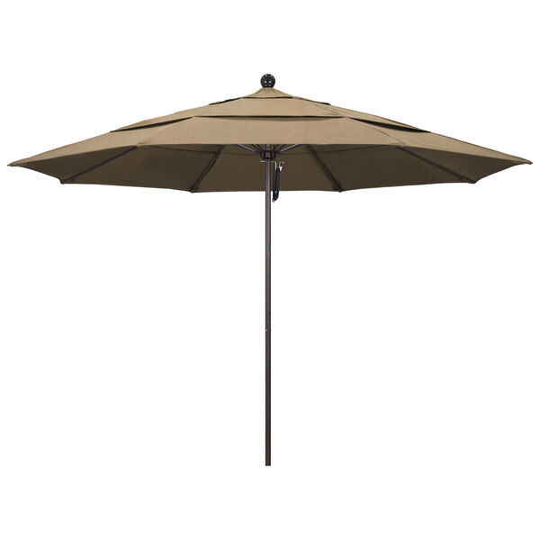 A brown California Umbrella with a bronze pole and Heather Beige Sunbrella fabric.