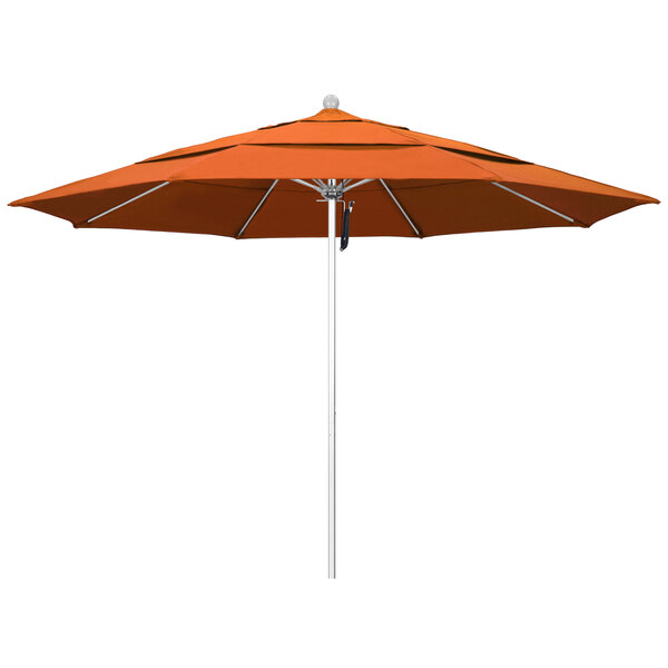 A Tuscan orange California Umbrella with a silver pole.