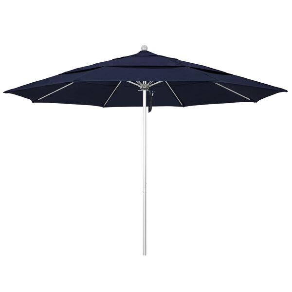 A blue California Umbrella with a navy canopy and a silver pole.