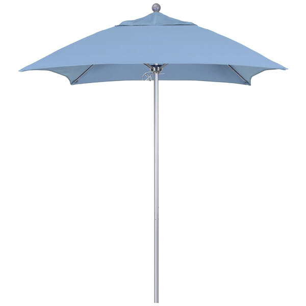 A blue California Umbrella ALTO square umbrella on a white pole.
