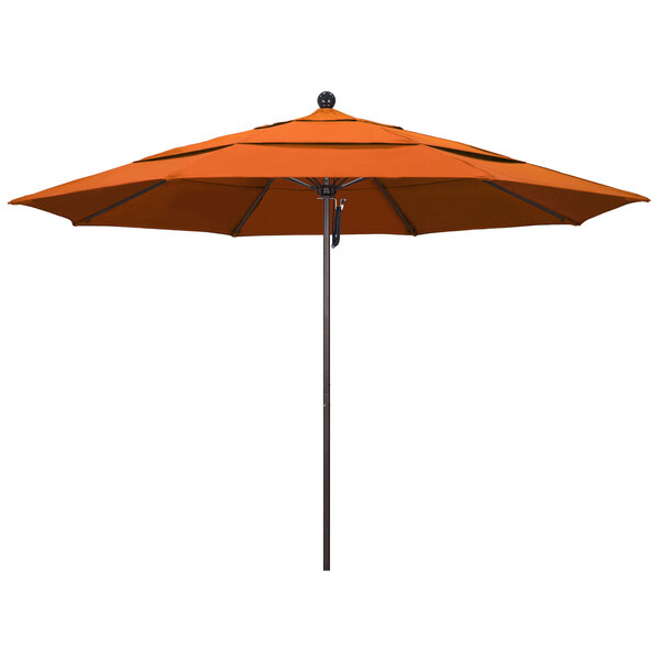 A Pacifica Tuscan fabric umbrella with a bronze pole and black handle on a white background.