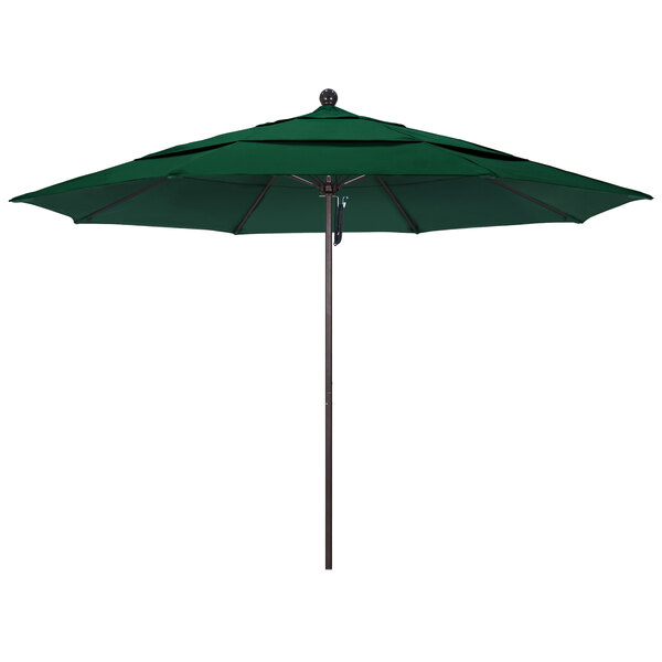 A California Umbrella with Sunbrella Forest Green canopy on a bronze aluminum pole.