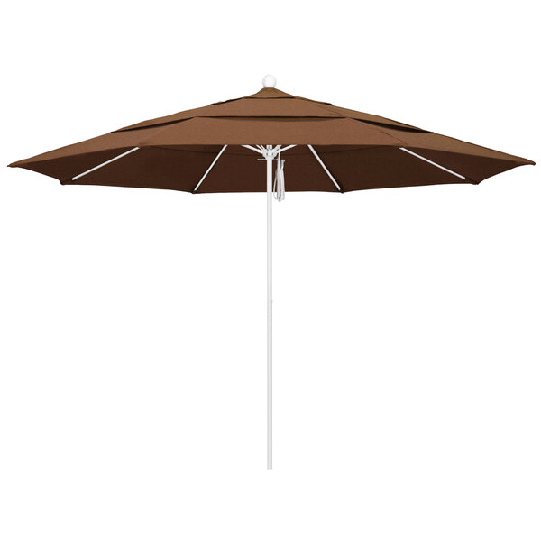 A brown California Umbrella with a white pole.