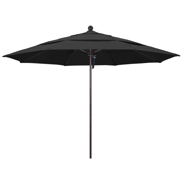 A black California Umbrella with a bronze pole and Pacifica canopy on a white background.