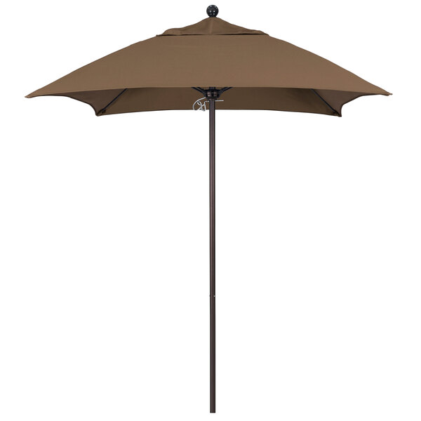 A brown California Umbrella ALTO square umbrella with a bronze pole on a white background.