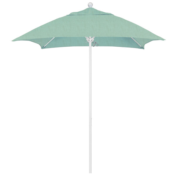 A light blue California Umbrella with a white pole and spa green canopy.