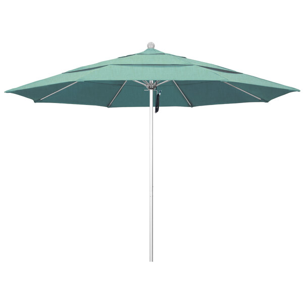A California Umbrella ALTO round umbrella with a silver pole and blue Spectrum Mist canopy.