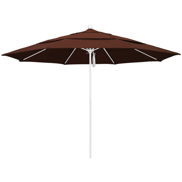 A brown umbrella on a white pole.
