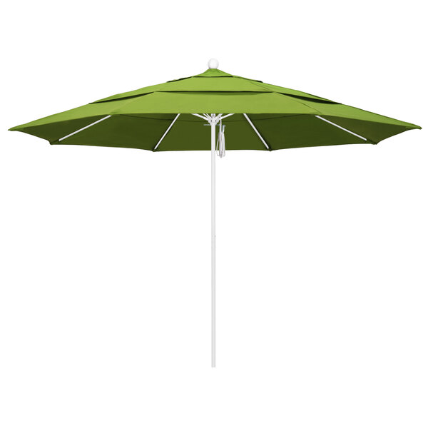 A green California Umbrella with a white pole.