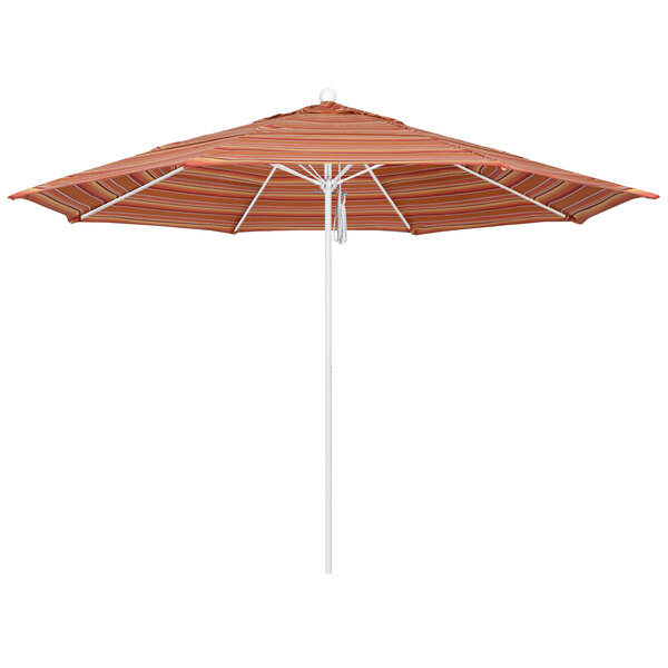 A California Umbrella with a Dolce Mango striped canopy and a white pole.