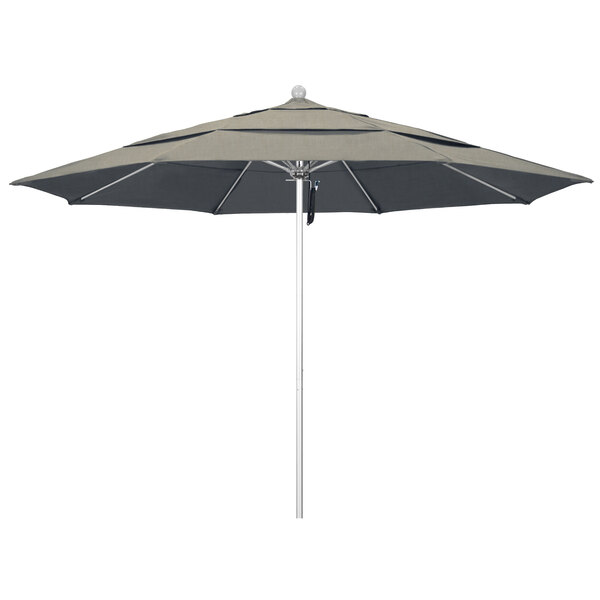 A California Umbrella ALTO round outdoor umbrella with a grey and white Sunbrella canopy.