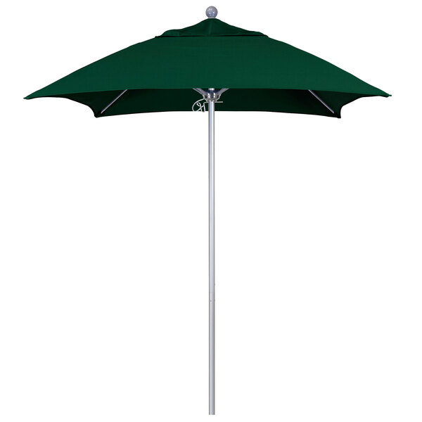 A California Umbrella ALTO square outdoor umbrella with a forest green Sunbrella canopy on a silver pole.