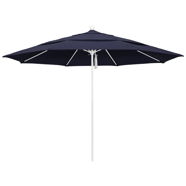 A navy blue California Umbrella with a Sunbrella canopy and a white pole.