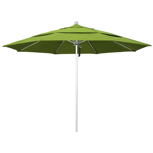 A close-up of a green California Umbrella with Sunbrella Macaw fabric.