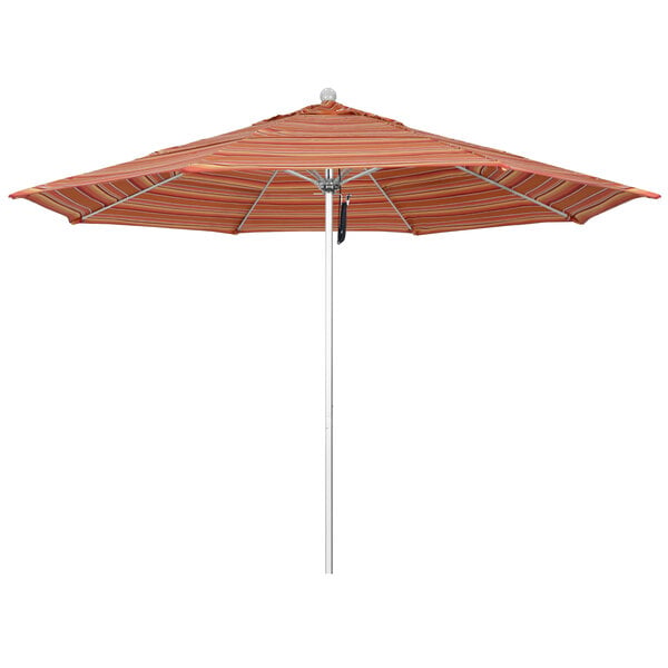 A California Umbrella ALTO round umbrella with orange and white stripes on a white pole.