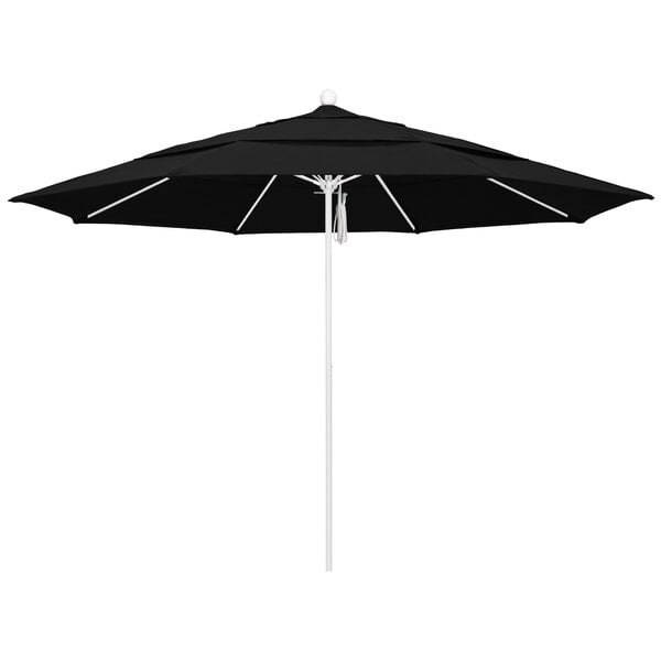 A black California Umbrella with a white pole.