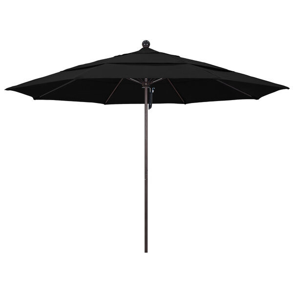 A California Umbrella ALTO round black umbrella with a bronze pole.