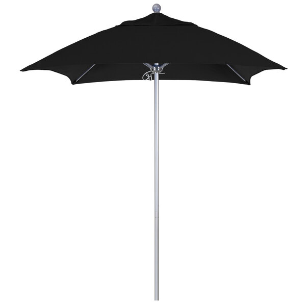 A black California Umbrella ALTO square table umbrella with a silver metal pole.