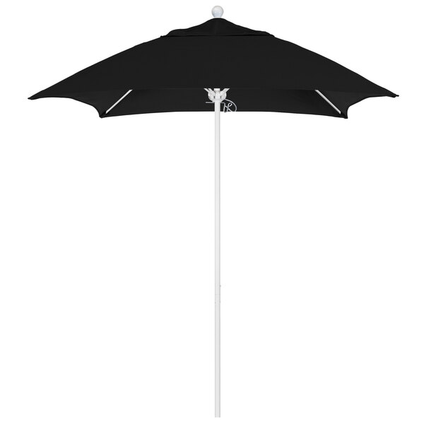 A black California Umbrella canopy on a white pole.