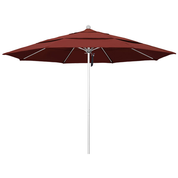 A red California Umbrella with a Sunbrella Henna canopy.