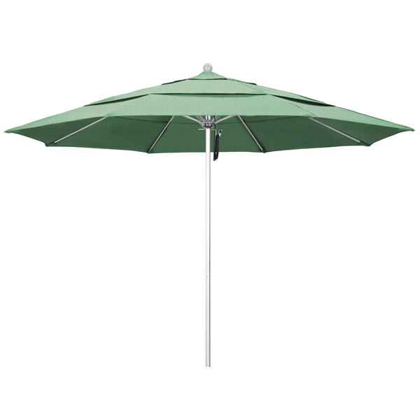 A green California Umbrella with a Pacifica Spa canopy.