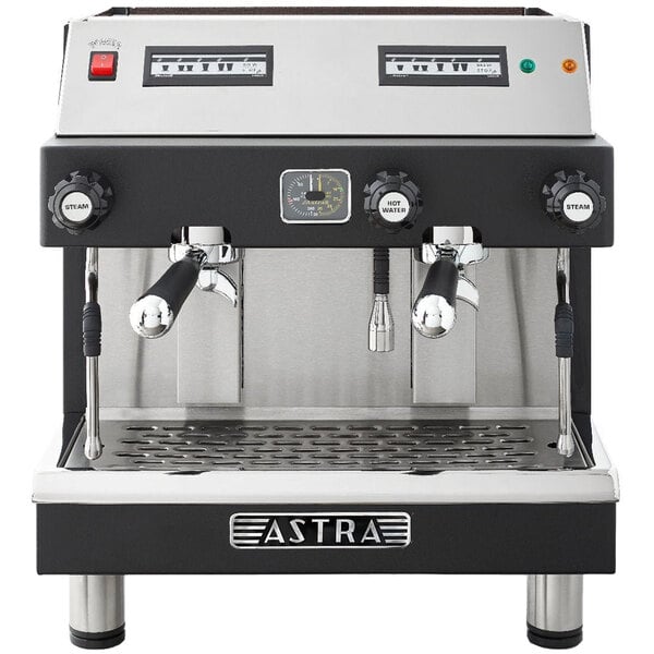 A black and silver Astra Mega II Compact automatic espresso machine.