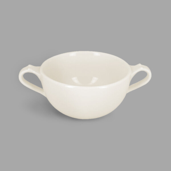 A white RAK Porcelain soup bowl with two handles.