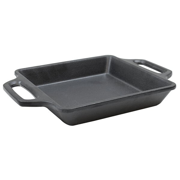 A black square Tablecraft melamine pan with two handles.