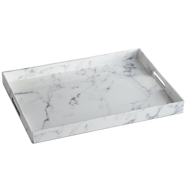 An American Atelier white rectangular marble room service tray with silver handles.