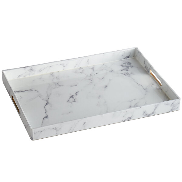 A white rectangular marble tray with white and gold accents.